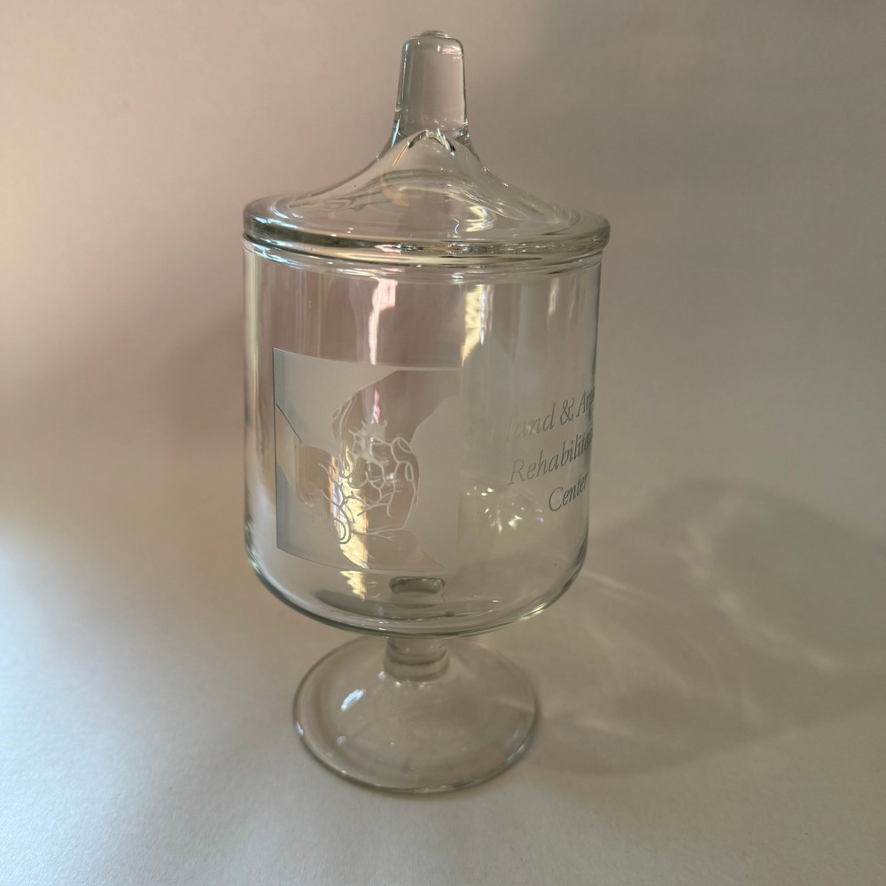 Etched Glass Apothecary Jar with Lid Hand & Arthritis Rehabilitation Center